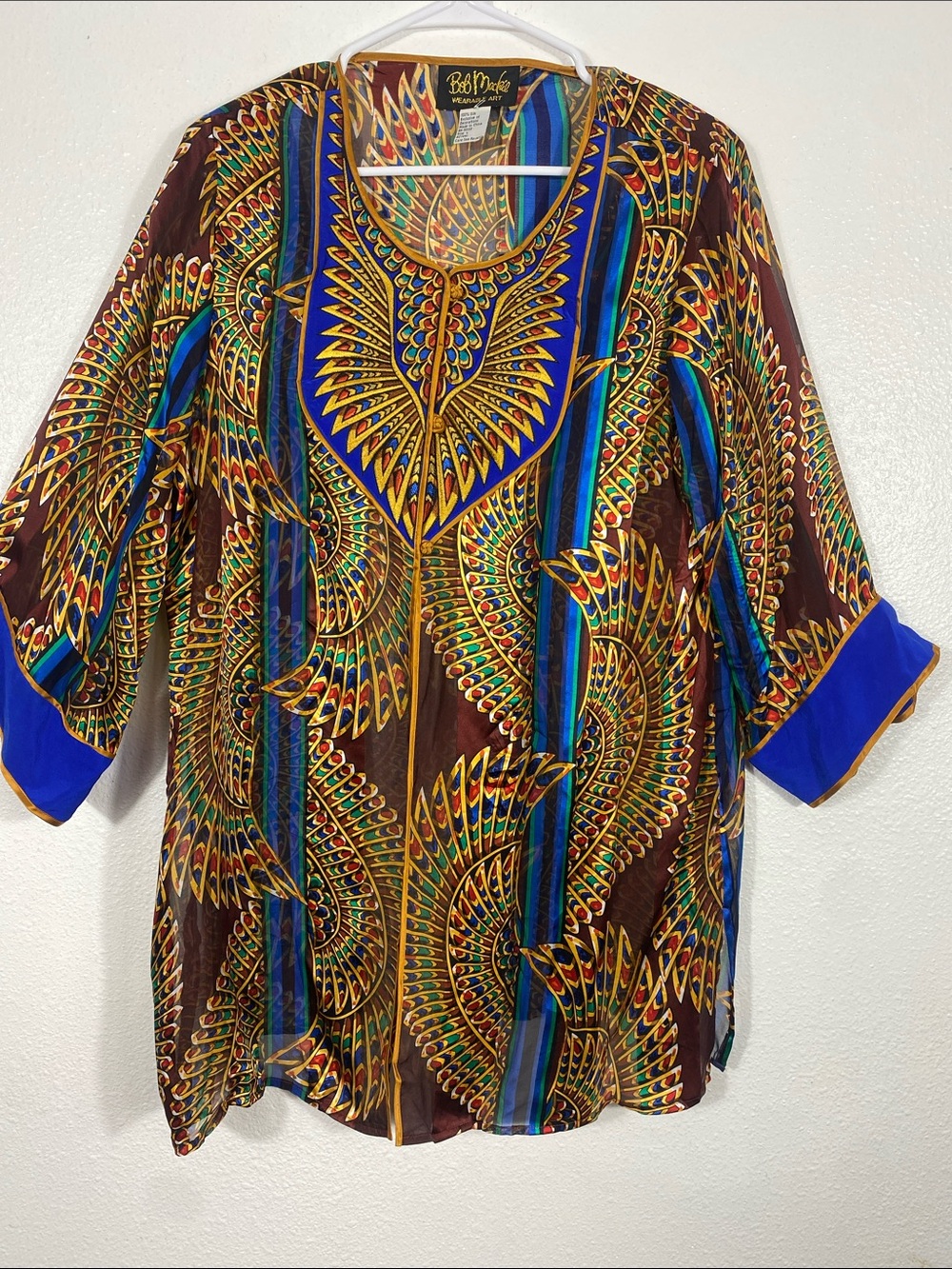 Bob Mackie vintage Brown, Blue & Gold Printed Women's Tunic Size L 100% Silk